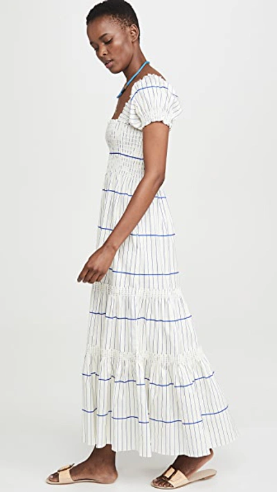 Tory Burch Striped Smocked-bodice Midi Dress In Ivory/duchess Blue Stripe |  ModeSens