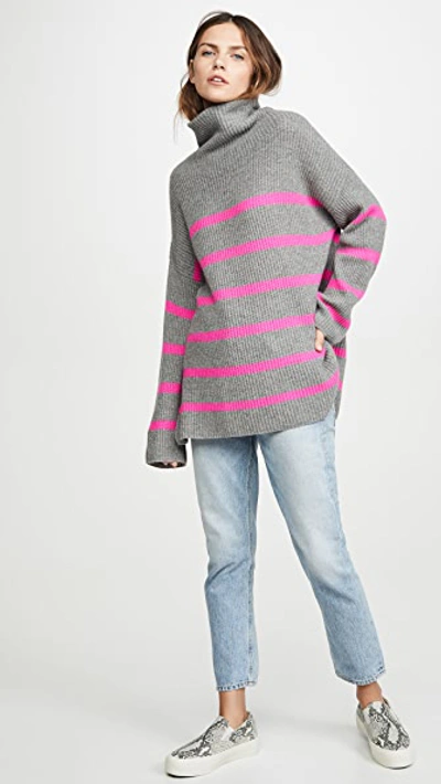 Shop Autumn Cashmere Breton Stripe Funnel Neck Cashmere Sweater In Cement/atomic