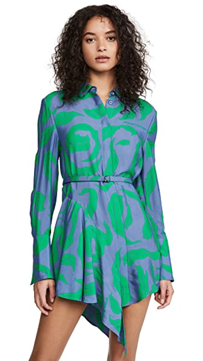 Shop Off-white Leaves Illusion Ruffle Dress In Blue Green