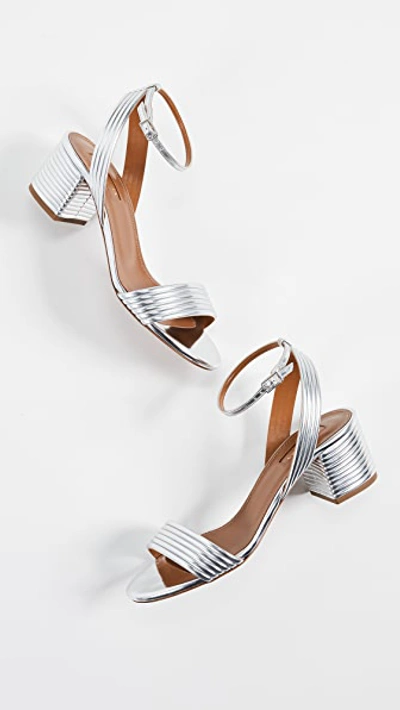 Aquazzura Sundance 50mm Metallic Leather Block-heel Sandals In Silver