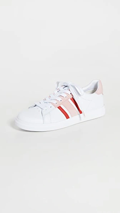 Shop Tory Burch Howell T-saddle Court Sneakers In Titanium White/sport Lipstick