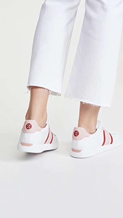 Shop Tory Burch Howell T-saddle Court Sneakers In Titanium White/sport Lipstick