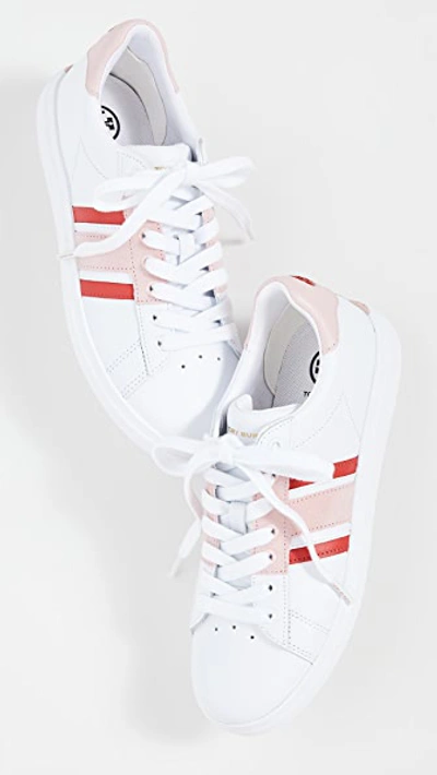 Shop Tory Burch Howell T-saddle Court Sneakers In Titanium White/sport Lipstick