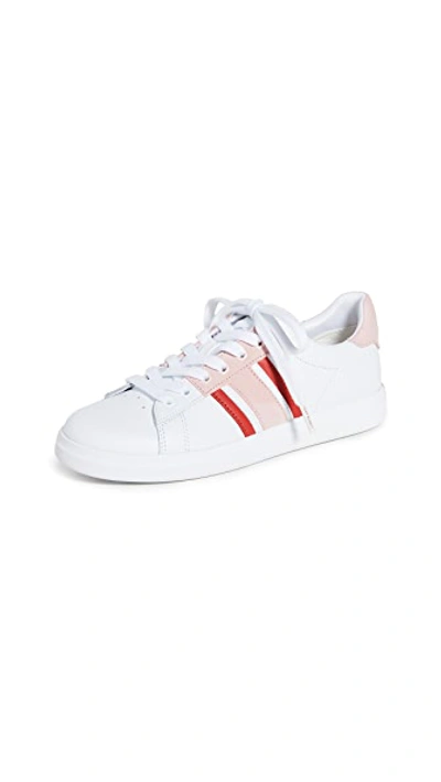 Shop Tory Burch Howell T-saddle Court Sneakers In Titanium White/sport Lipstick