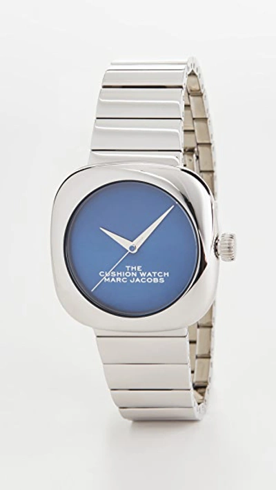 Shop The Marc Jacobs The Cushion Watch 36mm In Silver/blue
