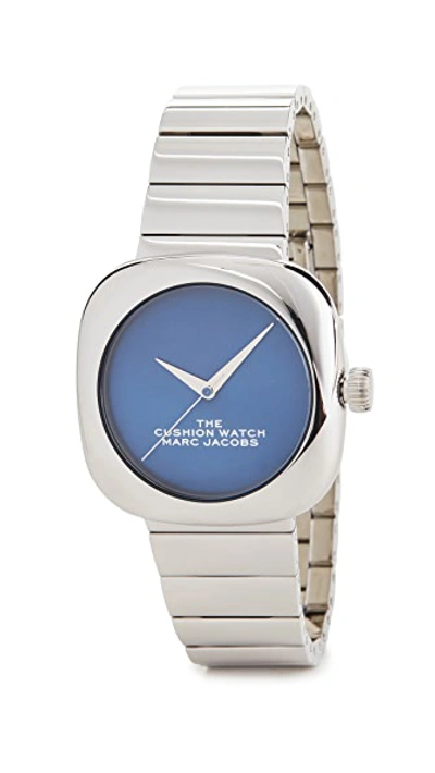 Shop The Marc Jacobs The Cushion Watch 36mm In Silver/blue