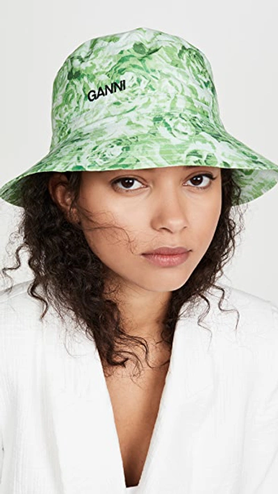 Shop Ganni Printed Cotton Poplin Hat In Island Green