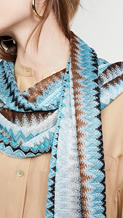 Shop Missoni Small Zigzag Scarf In Turquoise/white