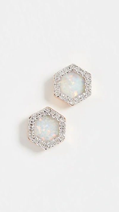 14k Gold Opal & Diamond Hexagon Post Earrings