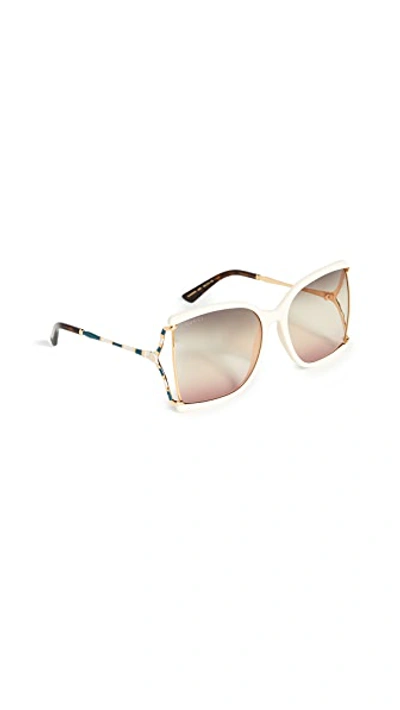 Shop Gucci Feminine Fork Square Sunglasses In Ivory/yellow/gray/pink