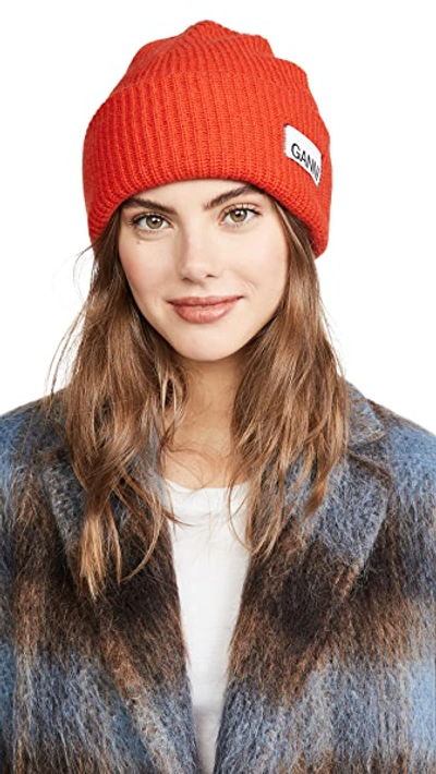Shop Ganni Knit Beanie Hat In Fiery Red