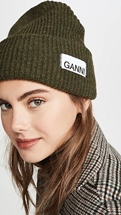 Ganni Stitched-logo Ribbed Wool-blend Beanie In Green | ModeSens
