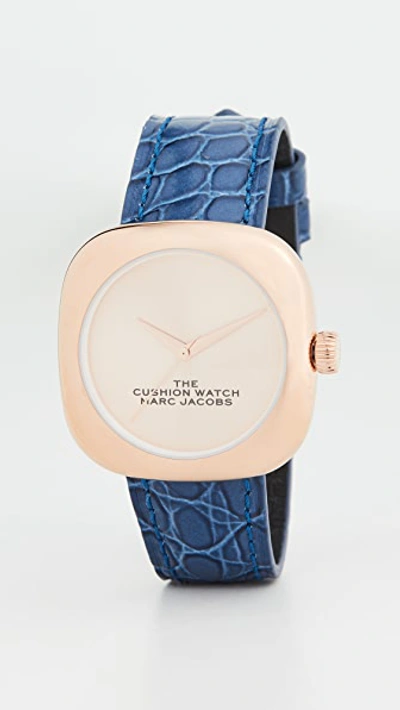 Shop The Marc Jacobs The Cushion Watch 36mm In Blue/rose Gold