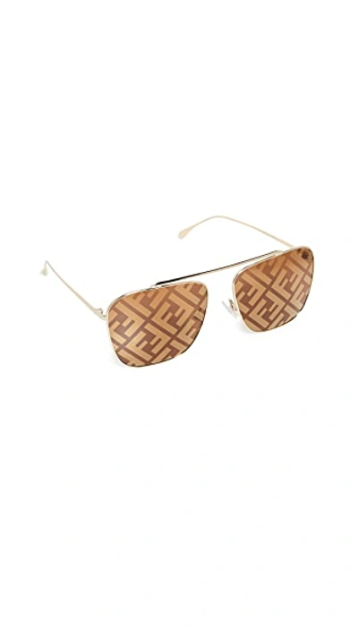 Shop Fendi Peach Logo Square Aviator Sunglasses In Gold Brown