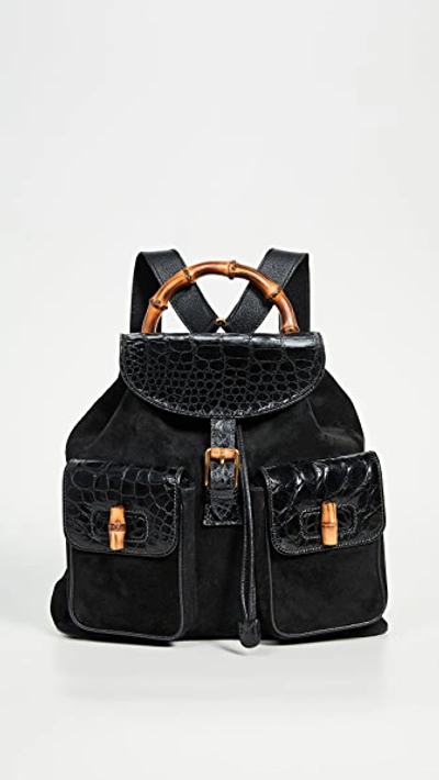Pre-owned Gucci Black Croc Bamboo Backpack