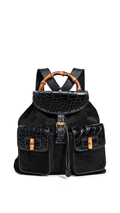 Pre-owned Gucci Black Croc Bamboo Backpack