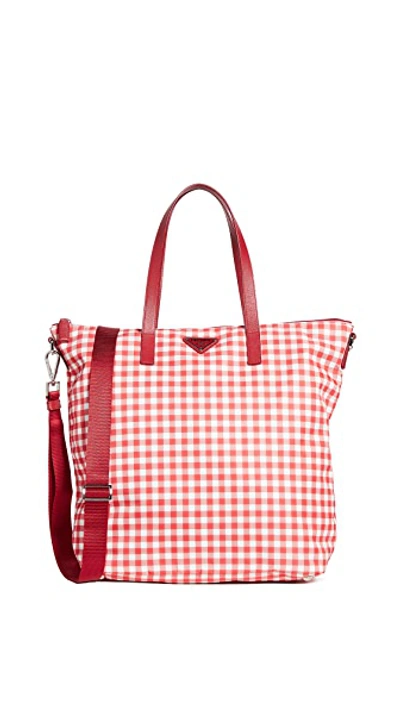 Pre-owned Prada Red Nylon Check Tote Bag Xl