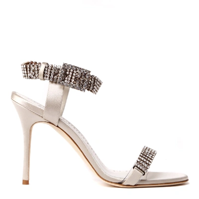 Shop Manolo Blahnik Bashifa Embellished Silk Satin Sandals In Silver