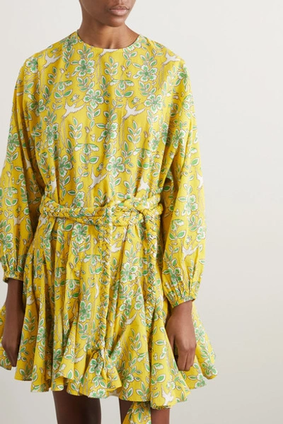 Shop Rhode Ella Belted Ruffled Floral-print Cotton-voile Mini Dress In Yellow