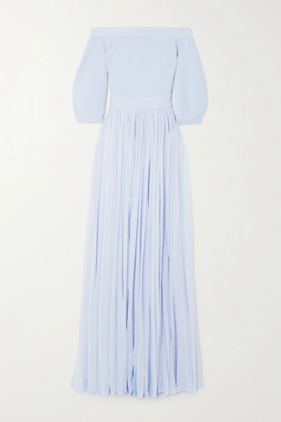 Shop Alexander Mcqueen Off-the-shoulder Ribbed-knit And Crepe De Chine Gown In Blue