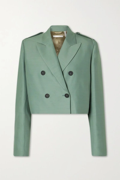 Shop Helmut Lang Cropped Wool And Silk-blend Blazer In Gray Green