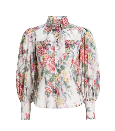 Shop Zimmermann Wavelength Billow Sleeve Shirt In Pink Scarlet Floral In Multi