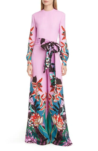 Shop Valentino Orchid Print Long Sleeve Wide Leg Silk Cady Jumpsuit In Cherry Blossom Multicolor