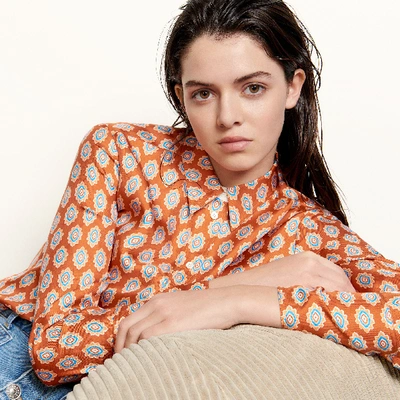 Shop Sandro Classic Shirt In Printed Silk In Rouille