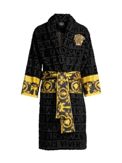 Shop Versace Logo Toweling Baroque Bathrobe In Black Gold