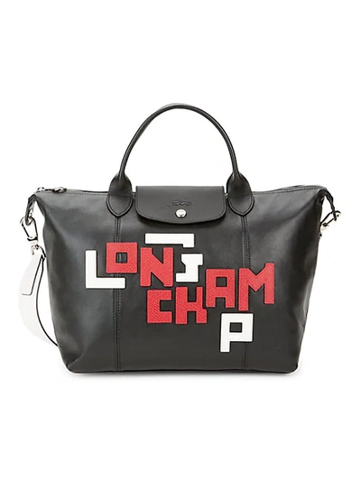 Shop Longchamp Le Pliage Embroidered Logo Leather Satchel In Black