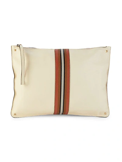 Shop Valentino Striped & Stud Leather Clutch In Light Ivory
