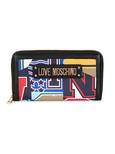 Shop Love Moschino Varsity-print Zip-around Wallet In Black