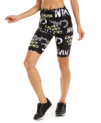 Shop Calvin Klein Performance Printed High-waist Bike Shorts In Logo Graffiti Lemon Drop Combo