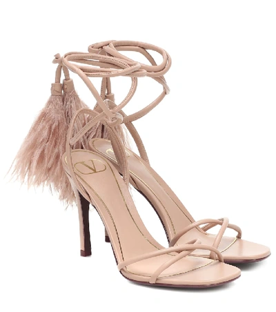 Shop Valentino Upflair 100 Feather-trimmed Leather Sandals In Pink