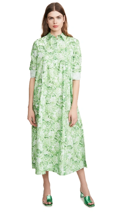 Shop Ganni Printed Cotton Poplin Dress In Island Green