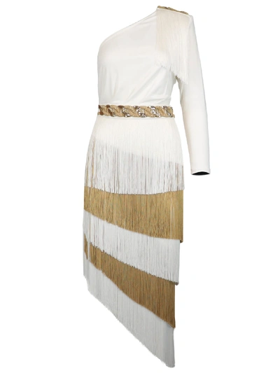 Shop Elisabetta Franchi Celyn B. Fringe Dress In Ivory / Gold