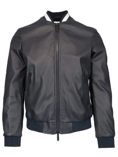 Shop Emporio Armani Logo Leather Jacket In Navy
