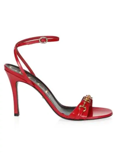 Shop Gucci Leather Sandals With Horsebit In Hibiscus Red