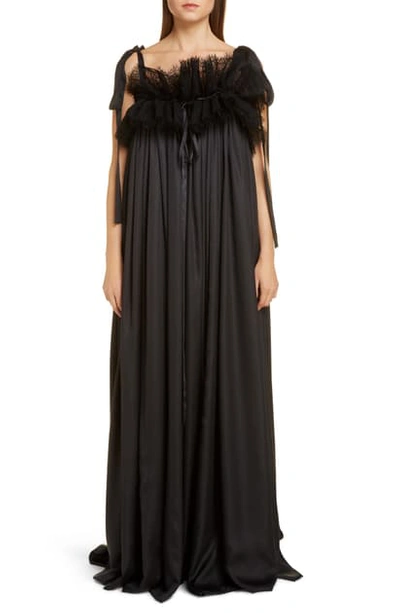 Shop Balenciaga Ruffle Neck Satin Evening Gown In Black