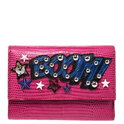Pre-owned Dolce & Gabbana Pink Lizard Embossed Leather Studded Boom French Wallet