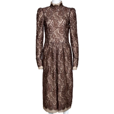Pre-owned Dolce & Gabbana Brown Scalloped Lace Padded Long Sleeve Midi Dress M