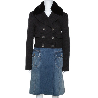 Pre-owned Dolce & Gabbana D & G Color Block Denim Blend Detachable Fur Collar Long Coat M In Black