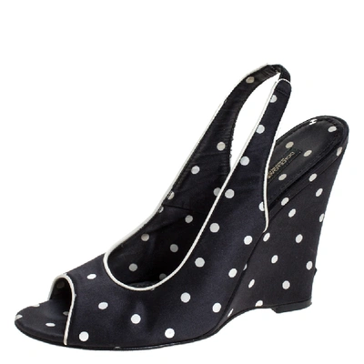 Pre-owned Dolce & Gabbana Black Satin Polka Dot Slingback Wedges Size 38