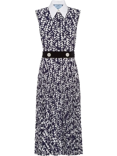 Shop Prada Geometric-print Belted Midi-dress In Blue