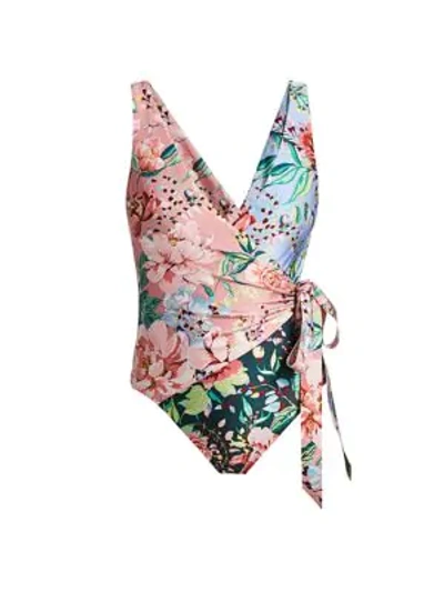 Shop Zimmermann Belltitude Floral Wrap One-piece Swimsuit In Splice
