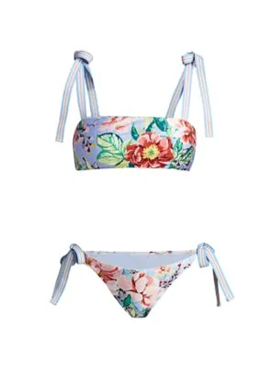 Shop Zimmermann Bellitude Two-piece Floral Bandeau Bikini Set In Cornflower