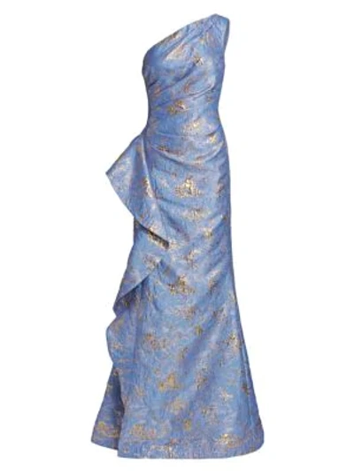 Shop Teri Jon By Rickie Freeman Jacquard One-shoulder Gown In Sky Blue