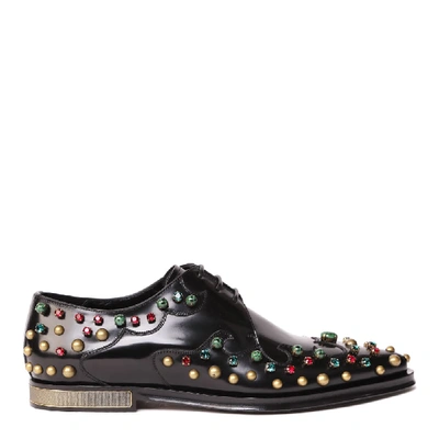 Shop Dolce & Gabbana Black Calf Leather Derby Shoes With Stone Embroidery