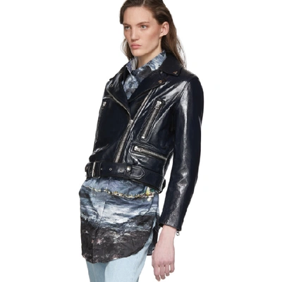 Shop Acne Studios Black Leather Cropped Jacket In Ink Blue