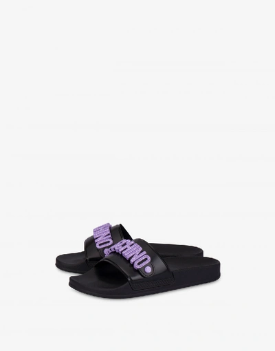 Shop Moschino Lettering Jewel Pool Slides In Black